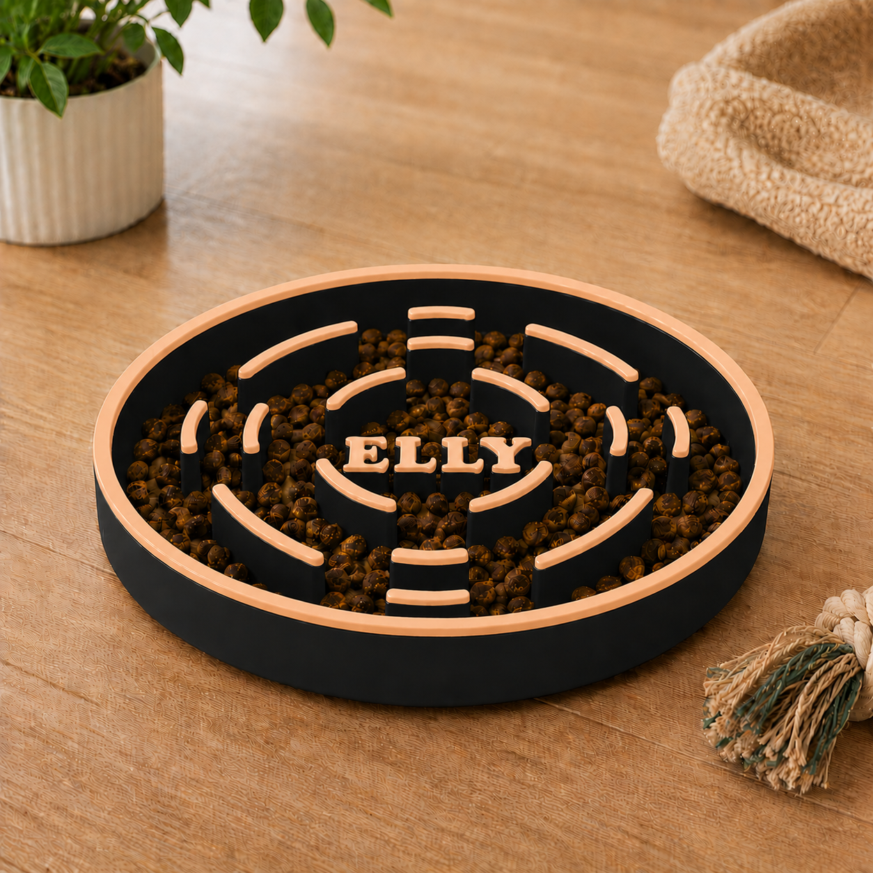 Schwarzer Antischlingnapf mit orangen Konturen – personalisiert mit Hundename | Numbini